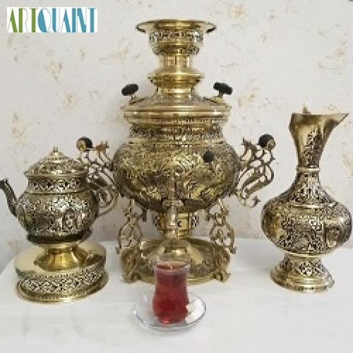 خرید، قیمت و مشخصات سماور برنجی 6 لیتری عدسی سه پایه مشابه روسی، ریز قلم، سفارشی و با کیفیت | هنرظریف