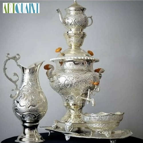 خرید، قیمت و مشخصات سرویس سماور 5 لیتری قلمزنی روکش نقره، دارای روکش کوره ای و رنگ ثابت | هنرظریف