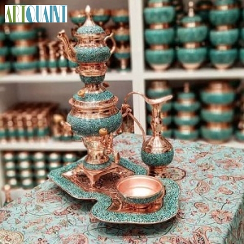 خرید، قیمت و مشخصات سرویس 5 تکه سماور مسی فیروزه کوبی، فیروزه اصل نیشابور با روکش پلی استر، زیر قیمت | هنرظریف