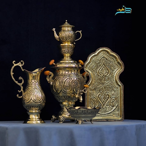 خرید، قیمت و مشخصات سرویس سماور 4 لیتری برنجی قلمزنی، سیاه قلم دکوری قلم دست اعلاء، زیر قیمت بازار | هنرظریف