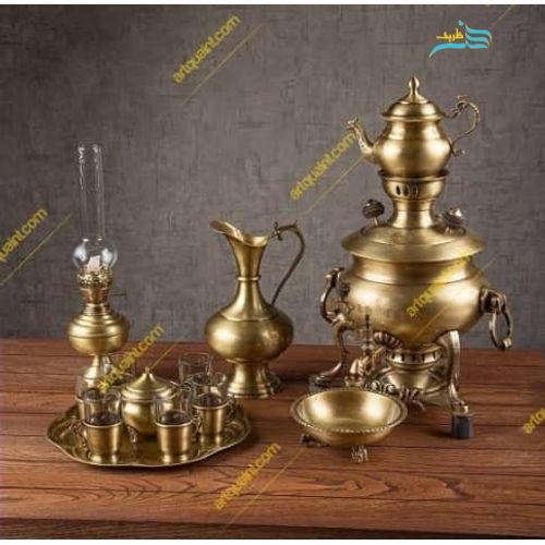 خرید، قیمت و مشخصات سرویس کامل سماور برنجی زغالی 6 لیتری سنگین وزن، ورق ضخیم با ارتفاع 50 سانتیمتر | هنرظریف
