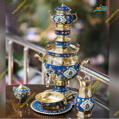 خرید، قیمت و مشخصات سماور برنجی تذهیب کاری، تماماً کار دست، با پوشش پلی استر و رنگ ثابت، زیر قیمت بازار | هنرظریف