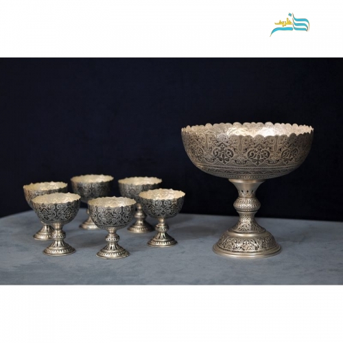 خرید، قیمت و مشخصات آجیل خوری شش نفره، قلم زنی اسلیمی اعلاء، جنس برنج با آبکاری نقره با ضمانت نامه معتبر | هنرظریف