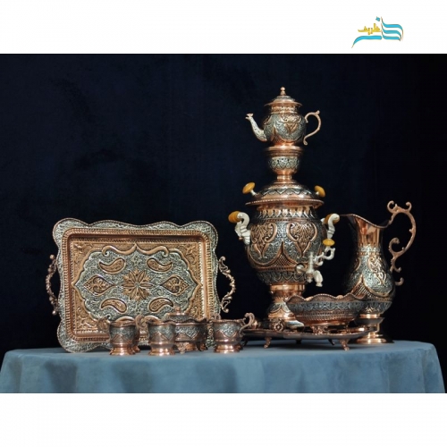 خرید، قیمت و مشخصات سرویس سماور و چای خوری قلم دست، طرح اسلیمی با روکش نقره و مس، زیر قیمت بازار | هنرظریف