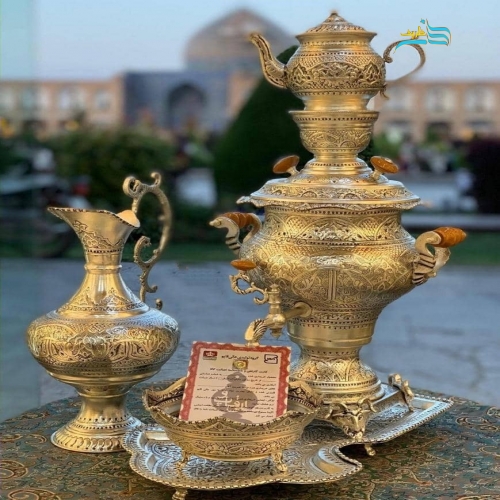 مشخصات کامل سرویس سماور برنجی دکوری، ریز قلم با آبکاری کوره ای نقره رنگ ثابت، زیر قیمت بازار | هنرظریف