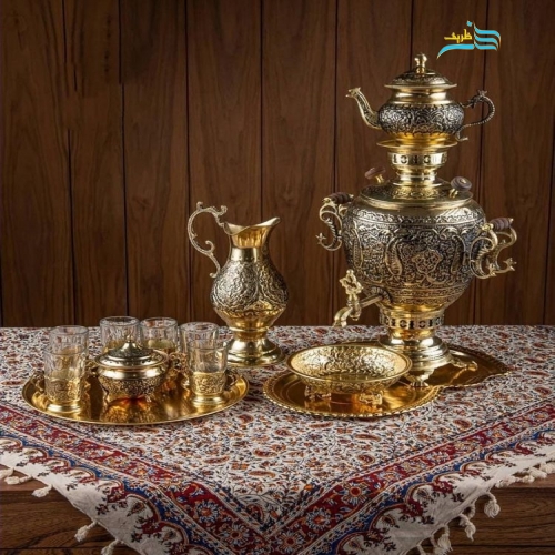 خرید، قیمت و مشخصات سرویس سماور زغالی برنجی قلمزنی سیاه قلم با چایخوری، زیر قیمت بازار | هنرظریف