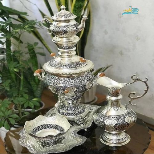 خرید، قیمت و مشخصات سرویس سماور زغالی برنجی ٥ لیتری با آبکاری نقره و پوشش کوره ای _ هنرظریف