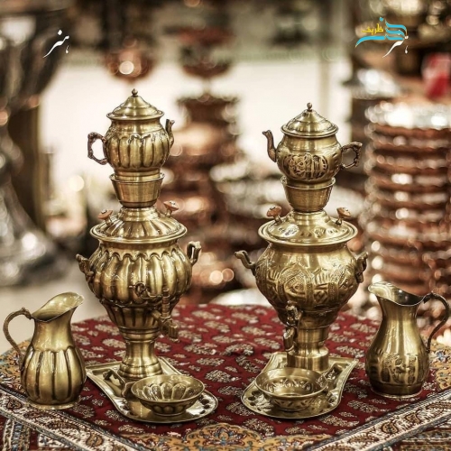 سرویس سماور برنجی کوچک ١ لیتری با پوشش نانو آنتیک شده در دو طرح  قلم و خطی _ هنرظریف