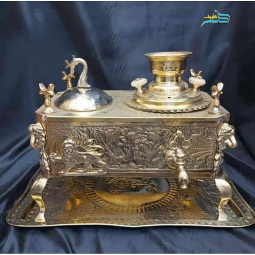خرید، قیمت و مشخصات منقل سماوری پایه سلطنتی، قلمزنی گل و مرغ با پلاک شیر و خورشید به قیمت تولیدی | هنرظریف