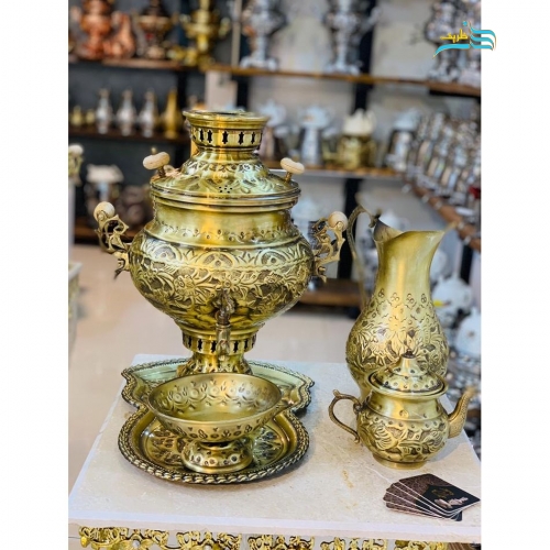 خرید، قیمت و مشخصات سرویس سماور زغالی برنجی 6 لیتری، بدنه ضخیم به قیمت تولیدی | هنرظریف