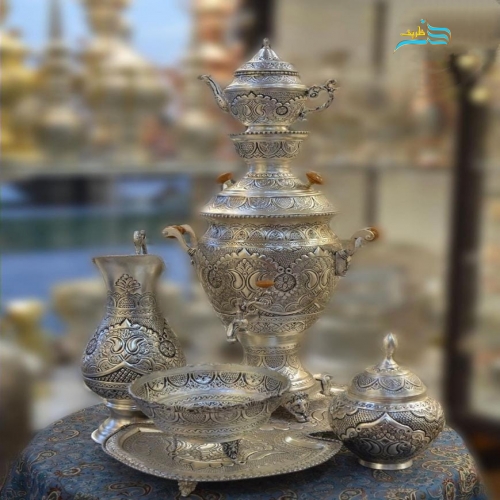 خرید، قیمت و مشخصات سرویس سماور برنجی دکوری با آبکاری نقره، سیاه قلم با گارانتی 7 ساله | هنرظریف