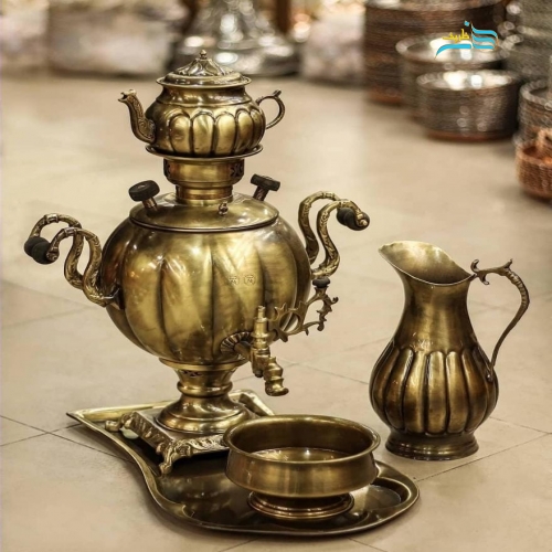 خرید، قیمت و مشخصات سرویس سماور ٦ لیتری برنجی زغالی توپی به قیمت تولیدی - هنرظریف