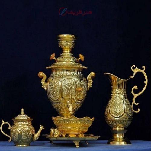 خرید و قیمت سرویس 5 تکه سماور برنجی قلمزنی تزئینی 4 لیتری روکش شبه طلا - هنرظریف