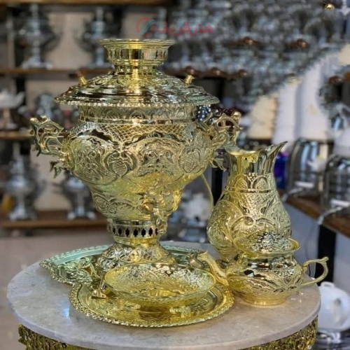 خرید و قیمت سرویس سماور زغالی برنجی 8 لیتری لبه دار، زیر قیمت بازار - هنرظریف
