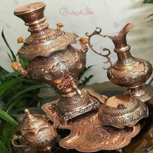 سرویس سماور ذغالی مسی 8 لیتری، قلم دست اعلاء با رنگ ثابت، زیر قیمت بازار - هنرظریف