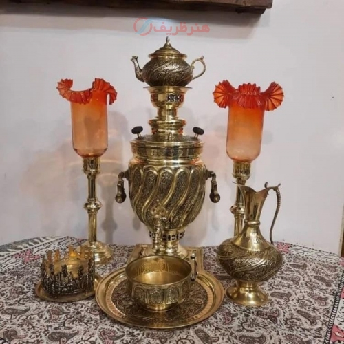 خرید و قیمت سرویس سماور برنجی قلمزنی زغالی 8 لیتری، مدل ماری، سیاه قلم - هنرظریف