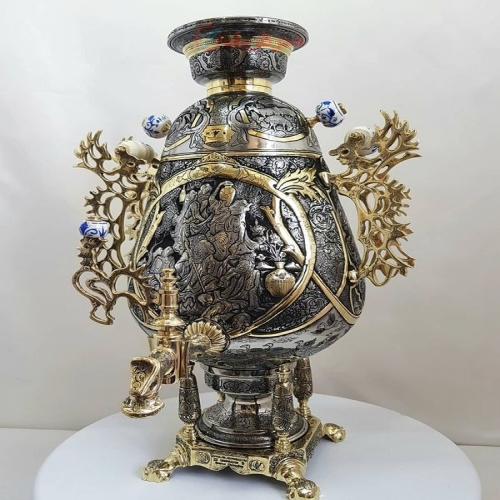 خرید و قیمت سماور زغالی برنجی ۸ لیتری مدل جام، نقوش ختایی، اسلیمی و بزم - هنرظریف