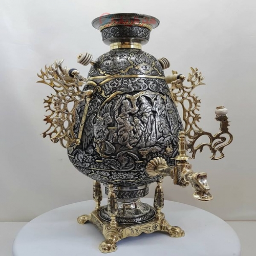 خرید و قیمت سماور برنجی زغالی ۸ لیتری مدل جام سیاه قلم نیم برجسته، نقوش بزم، اسلیمی و گل مرغ - هنرظریف