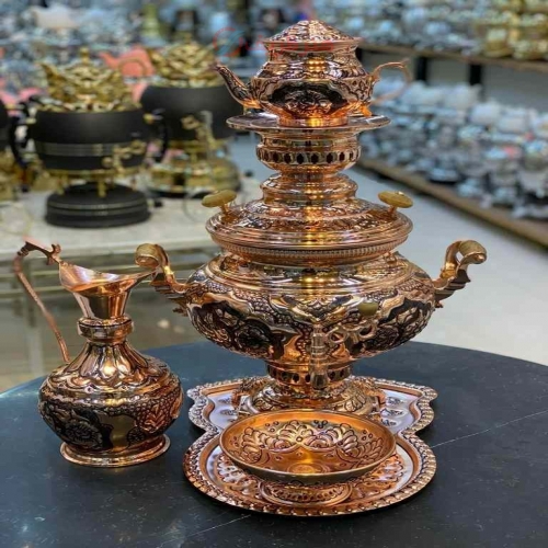 قیمت و خرید سرویس 5 تکه سماور برنجی 8 لیتری زغالی و گازی سیاه قلم - هنرظریف