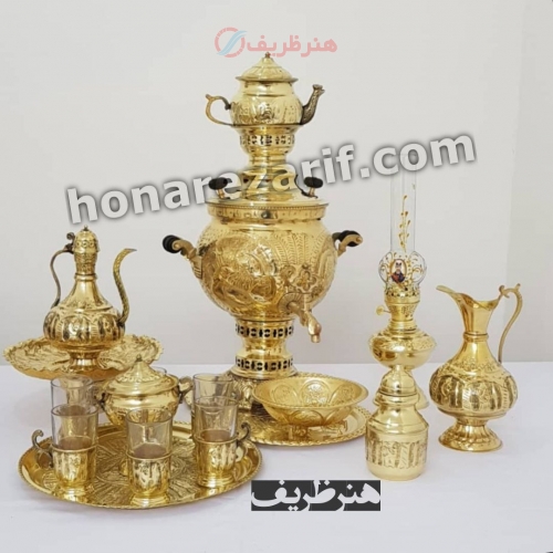 خرید و قیمت - سرویس سماور زغالی برنجی طلایی 6 لیتری بهمراه جایخوری و آفتابه لگن - هنرظریف
