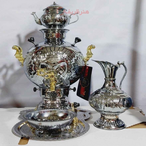 خرید، قیمت و مشخصات سرویس کامل سماور گازی برنجی، 6 لیتری توپی، روکش کروم، ورق ضخیم | هنرظریف