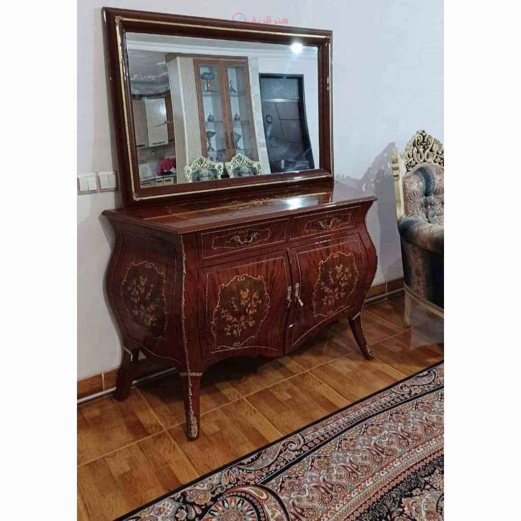 خرید، قیمت و مشخصات آینه کنسول خمره ای دو در، چوب روس، روکش کاواز، معرقکاری شده به قیمت تولیدی | هنرظریف