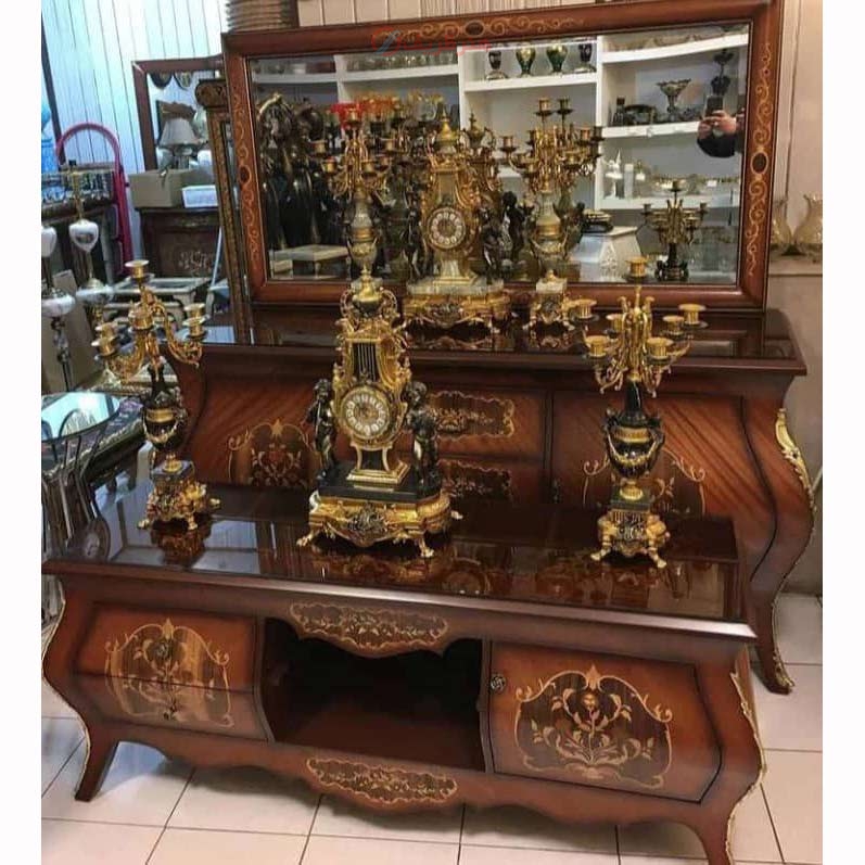خرید آنلاین ست آینه کنسول خمره ای وسط کشو، چوب روس، روکش کاواز، معرقکاری شده همراه ست میز تلویزیون | هنرظریف