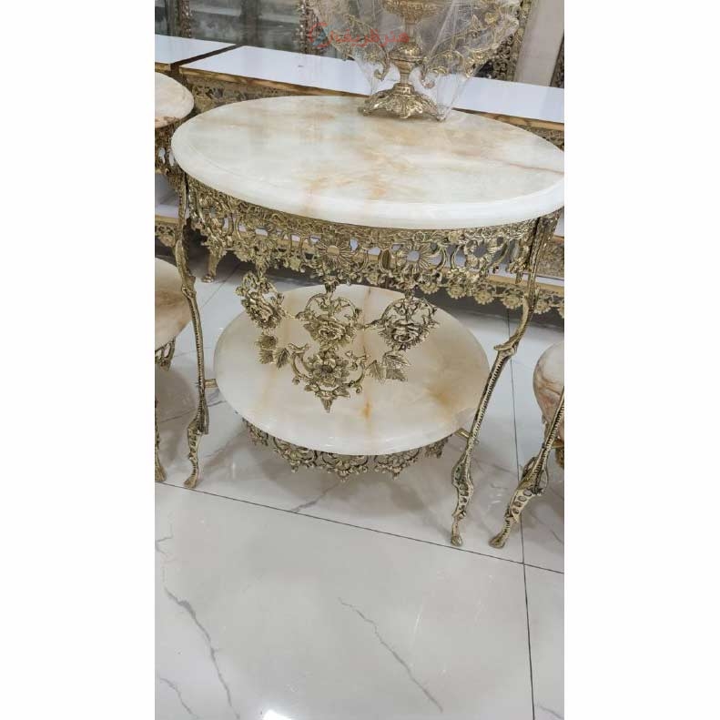 خرید، قیمت و مشخصات میز خاطره تاجدار دو طبقه طرح گل رز برنزی _ هنرظریف