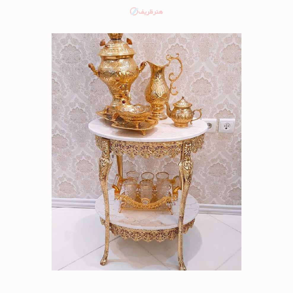 مشخصات کامل میز خاطره بیضی دوطبقه قطر 55 در 40، جنس آلیاژ آلومنیوم، آبکاری برنز - هنرظریف