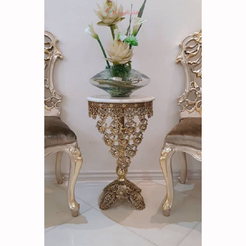 خرید، قیمت و مشخصات میز تلفن پایه برگی تاج بلند، جنس آلیاژ آلومینیوم، آبکاری برنز - هنرظریف