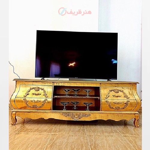 خرید، قیمت و مشخصات میز تلویزیون معرق، رنگ طلایی درجه یک و طراحی به روز، دارای ضمانت و کیفیت رنگ محصول - هنرظریف