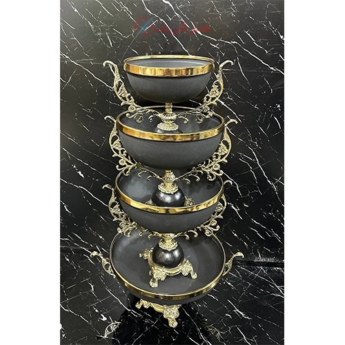 خرید آنلاین، ست پذیرایی چهار طبقه فلز و برنز رنگ خاص استاتیک شنی، با پایه و دسته های زیبا، زیر قیمت بازار | هنرظریف