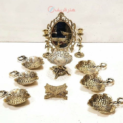 خرید آنلاین، هفت سین برنزی مدل برگ و انگور، آینه گرد، بسیار زیبا و دلپسند، زیر قیمت بازار | هنرظریف