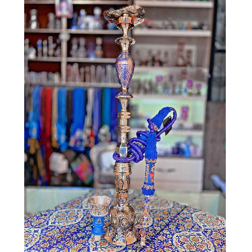 خرید، قیمت و مشخصات قلیان کامل برنجی شمش و گلدان هندی، طلاکاری برجسته و لوستر آبی ارزان و باکیفیت _ هنرظریف