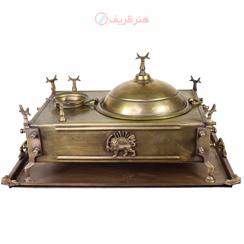 خرید، قیمت و مشخصات منقل زغالی برنجی مستطیلی کاسه دار ۴، با سینی با بالاترین کیفیت _ هنرظریف