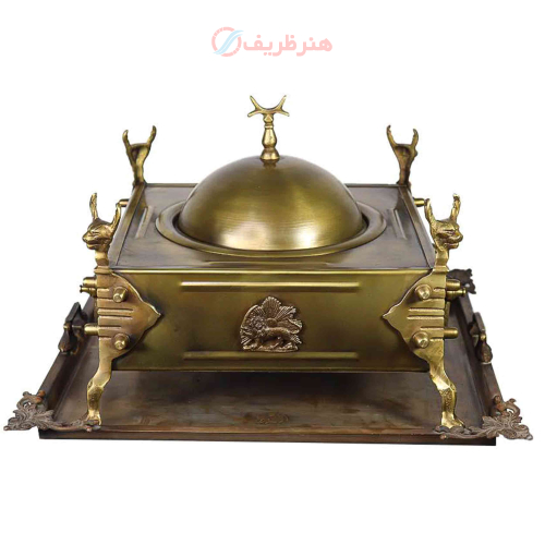 خرید، قیمت و مشخصات منقل زغالی برنجی مربع کوچک پایه دیو با سینی با بالاترین کیفیت _ هنرظریف