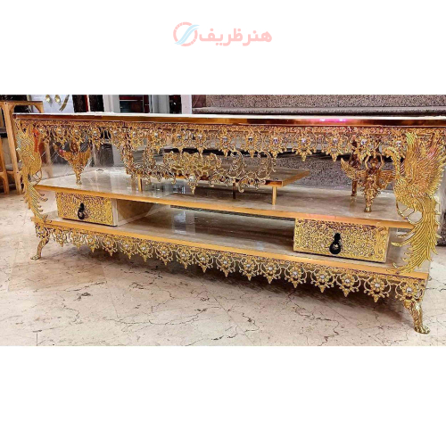 خرید، قیمت و مشخصات میز تلویزیون برنزی، طول 120، سه طبقه، طاووس دار، داری دو کشو بغل ارزان و باکیفیت _ هنرظریف