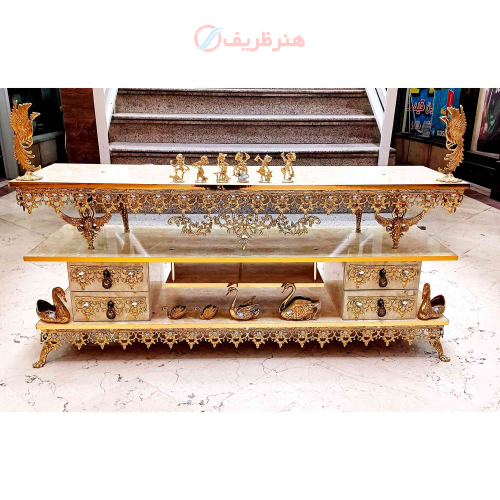 خرید، قیمت و مشخصات میز تلویزیون برنزی طول 120، سه طبقه چهار کشو، دارای ضمانت ارزان و باکیفیت _ هنرظریف
