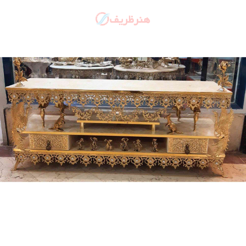 خرید، قیمت و مشخصات میز تلویزیون برنزی دو کشو طرح گل آفتابگردان، بسیار محکم و بادوام ارزان و باکیفیت _ هنرظریف