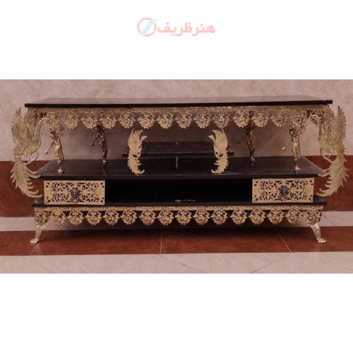 خرید، قیمت و مشخصات میز تلویزیون سه طبقه طاووس دار دارای دو کشو با طراحی بسار زیبا ارزان و باکیفیت _ هنرظریف