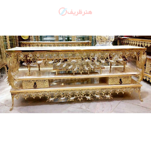 خرید، قیمت و مشخصات میز تلویزیون برنزی طول 120، سه طبقه، دارای دو کشو، طاووس دار و دارای ضمانت ارزان و باکیفیت _ هنرظریف