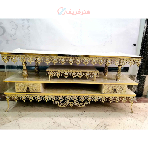 خرید، قیمت و مشخصات میز تلویزیون برنزی طول 120، سه طبقه دو کشو، صفحه هایگلاس ارزان و باکیفیت _ هنرظریف