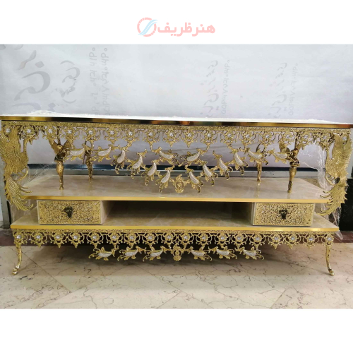 خرید، قیمت و مشخصات میز تلویزیون برنزی صفحه هایگلاس، طول 120، دارای دو کشو ارزان و باکیفیت _ هنرظریف