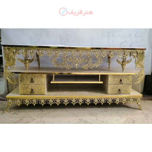 خرید، قیمت و مشخصات میز تلویزیون مدل گل آفتابگردان، طول 120، صفحه هایگلاس دارای چهار کشو ارزان و باکیفیت _ هنرظریف