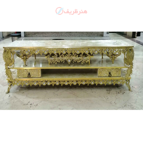 خرید، قیمت و مشخصات میز تلویزیون برنزی دو کشو با صفحه ام دی اف و طراحی شیک و متفاوت ارزان و باکیفیت _ هنرظریف