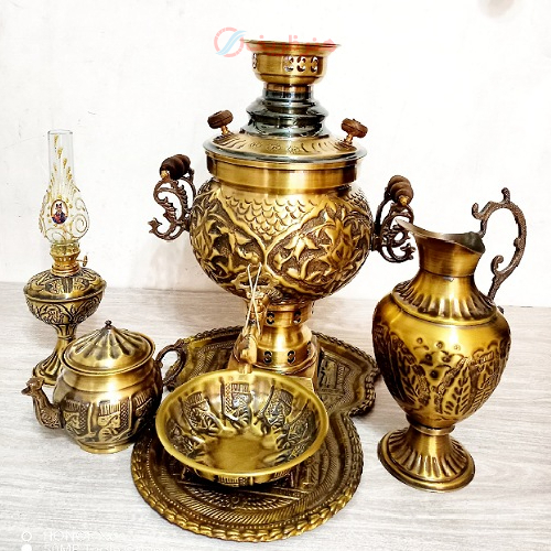 خرید، قیمت و مشخصات ست 6 پارچه سماور ذغالی، دارای مهر روسی در درب و بدنه _ هنرظریف
