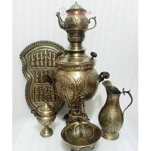 خرید، قیمت و مشخصات سرویس 6 پارچه سماور ذغالی، 6 لیتری، توپی قلم دسته شاخ، ورق ضخیم و سنگین وزن ارزان و با کیفیت _ هنرظریف