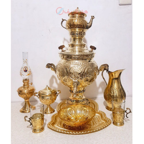 خرید، قیمت و مشخصات سرویس 9 پارچه سماور ذغالی،6 لیتری، توپی سنگین قلم ارزان و با کیفیت _ هنرظریف