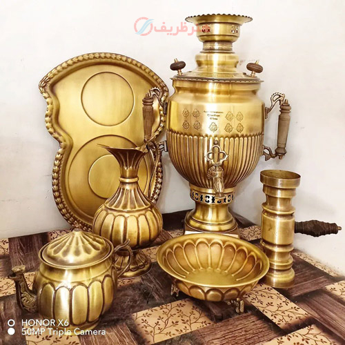 خرید، قیمت و مشخصات ست 6 تیکه سماور ذغالی،6 لیتری، نظر دسته کاپ، طرح آینه ریز سنگین وزن زیبا ارزان و با کیفیت _ هنرظریف