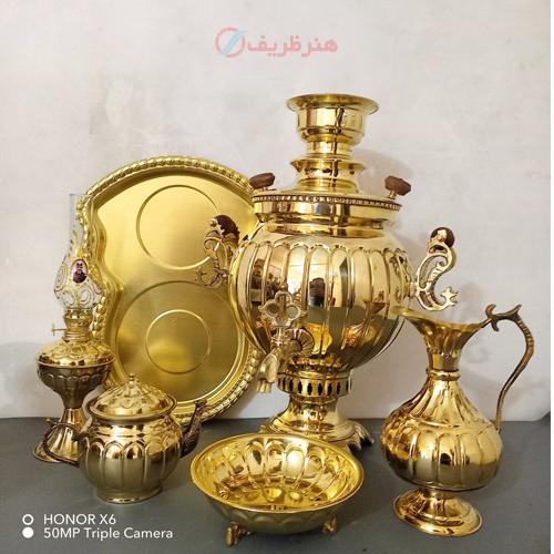 خرید، قیمت و مشخصات ست 6 پارچه سماور ذغالی، 6 لیتری، توپی آینه دسته ماری، قالب بزرگ و بسیار زیبا با پایه خرچنگی ارزان و با کیفیت _ هنرظریف
